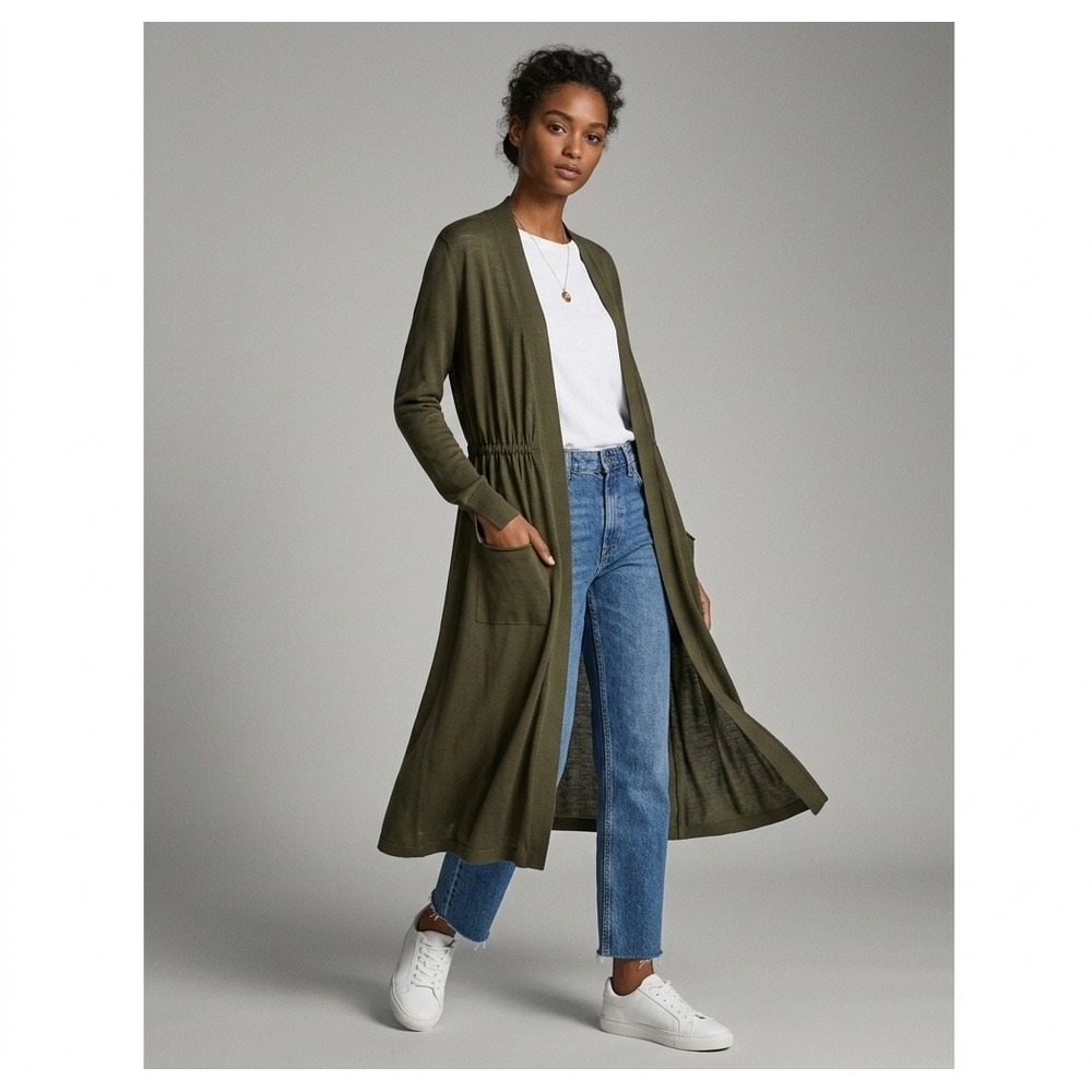 Zara Knit Longline Duster Cardigan XL Olive Green Open Front Pocket Lightweight